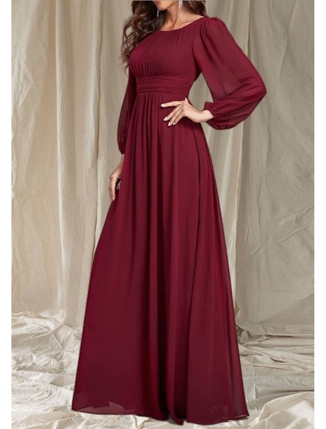 A-Line Mother of the Bride Dress Wedding Guest Elegant Crew Neck Floor Length Chiffon Long Sleeve with Pleats Ruching