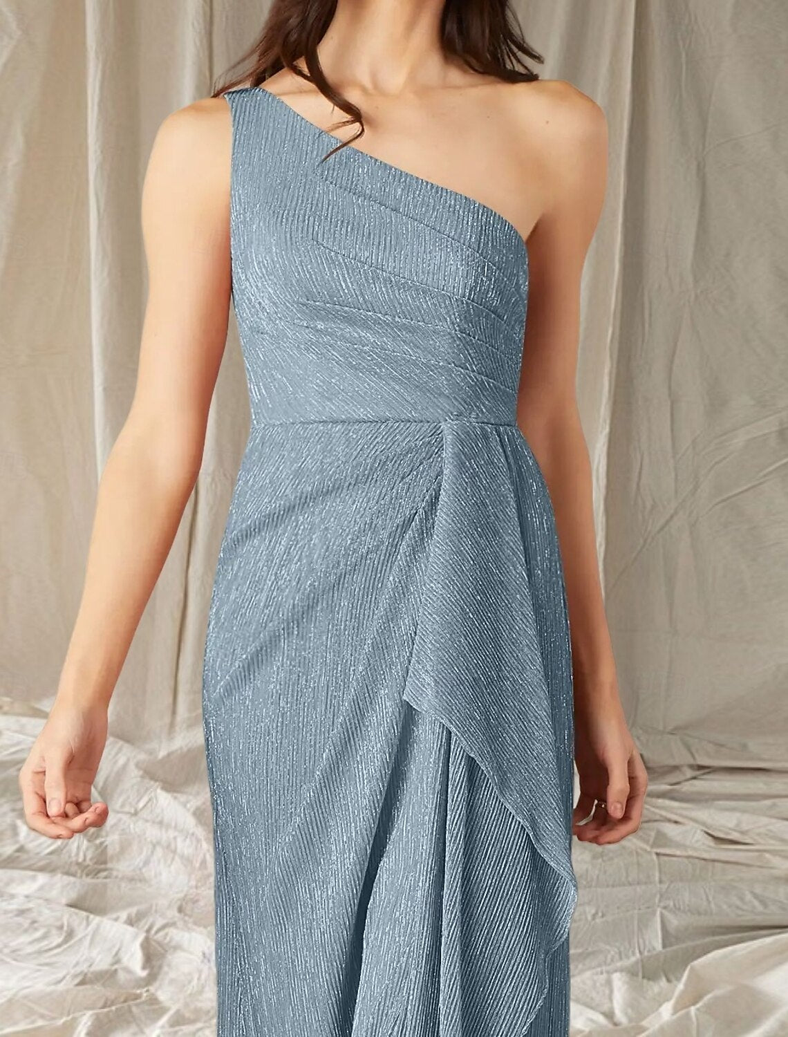 A-Line Mother of the Bride Dress Wedding Guest Elegant High Split One Shoulder Floor Length Stretch Chiffon Sleeveless with Ruffles Split Front Ruching