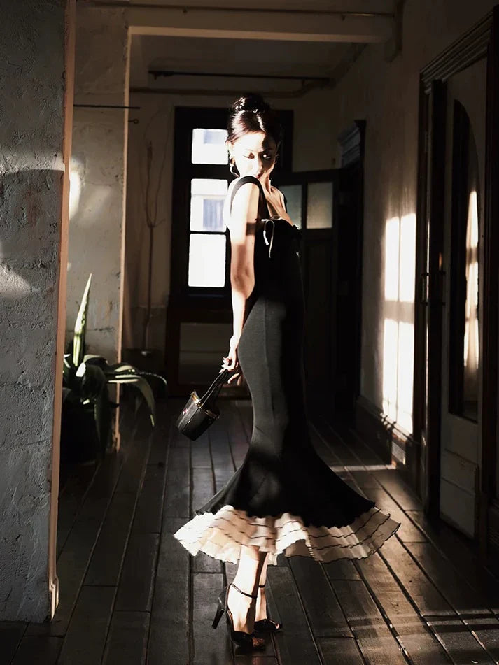 Sexy Black Mermaid Strap Satin Long Prom Dress Sweet Formal Party Dress