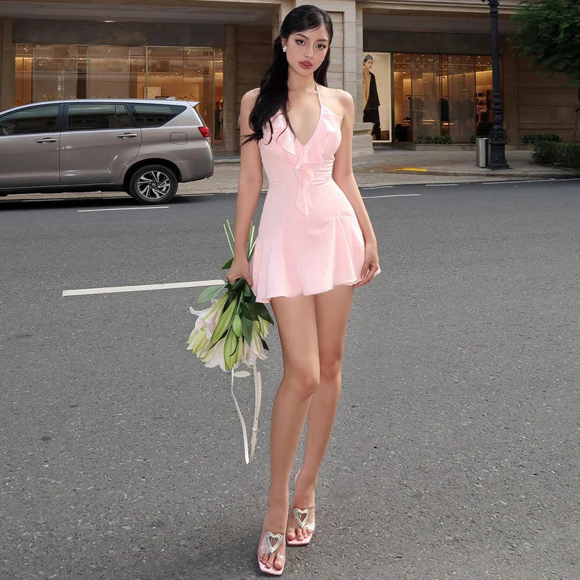 Pink A Line V Neck Ruffles Chiffon Short Retract Your Waist Homecoming Dress Outfits