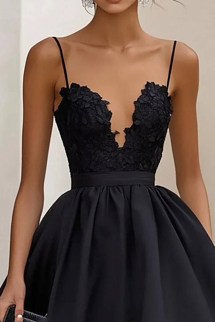 Black Spaghetti Straps A Line Retract Your Waist Formal Party Dress