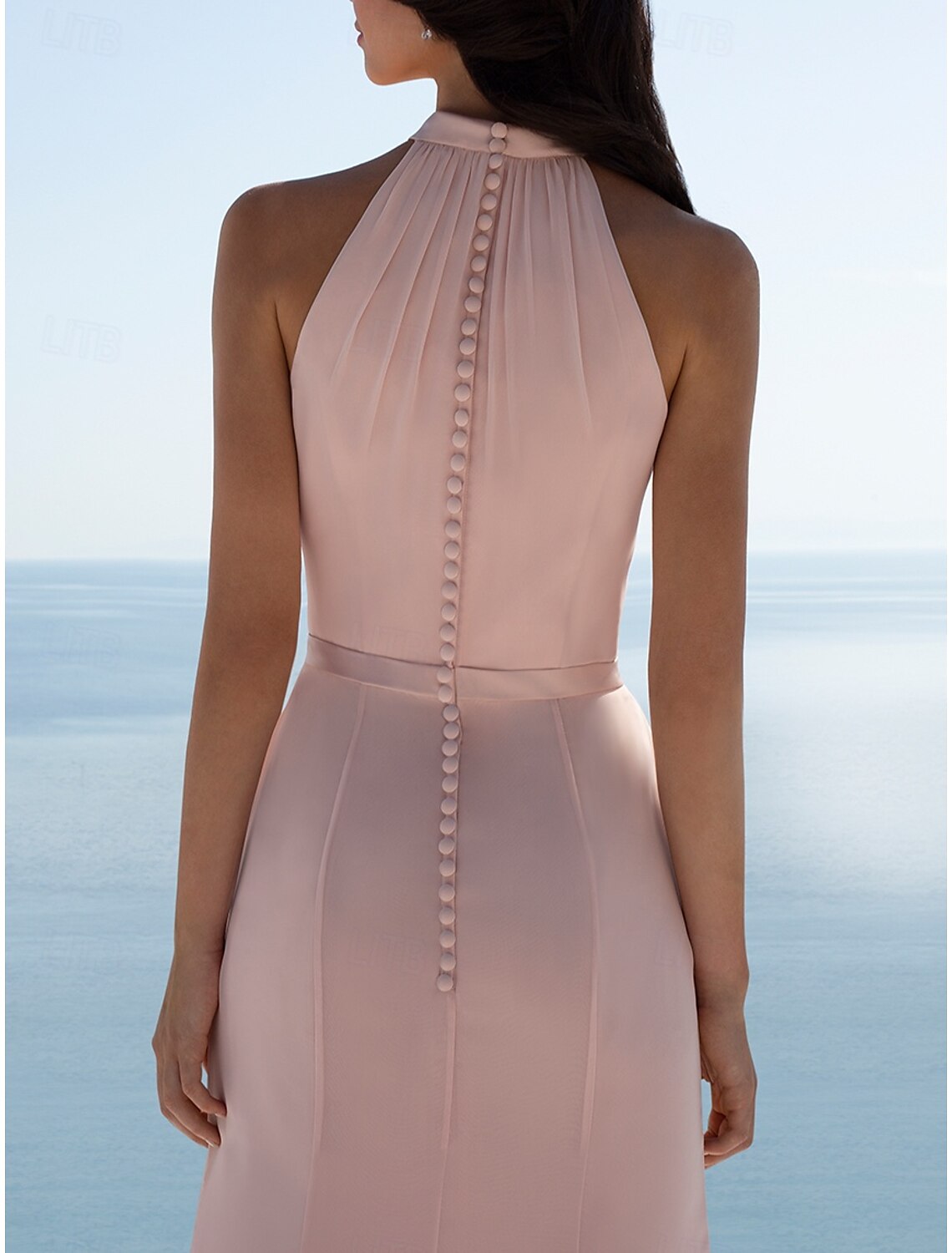 Light Pink Halter Neck Slim Fitting Bridesmaid Dress Elegant Long Length Banquet Cocktail Dress