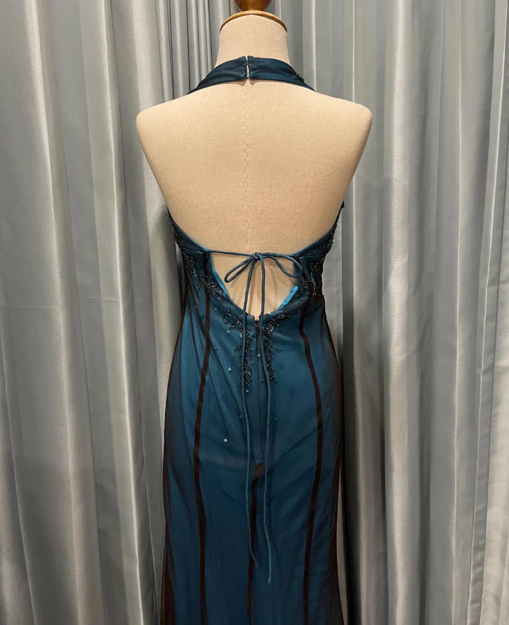 Vintage Niki Livas Teal Beaded Halter Gown Backless Mermaid Prom Dress