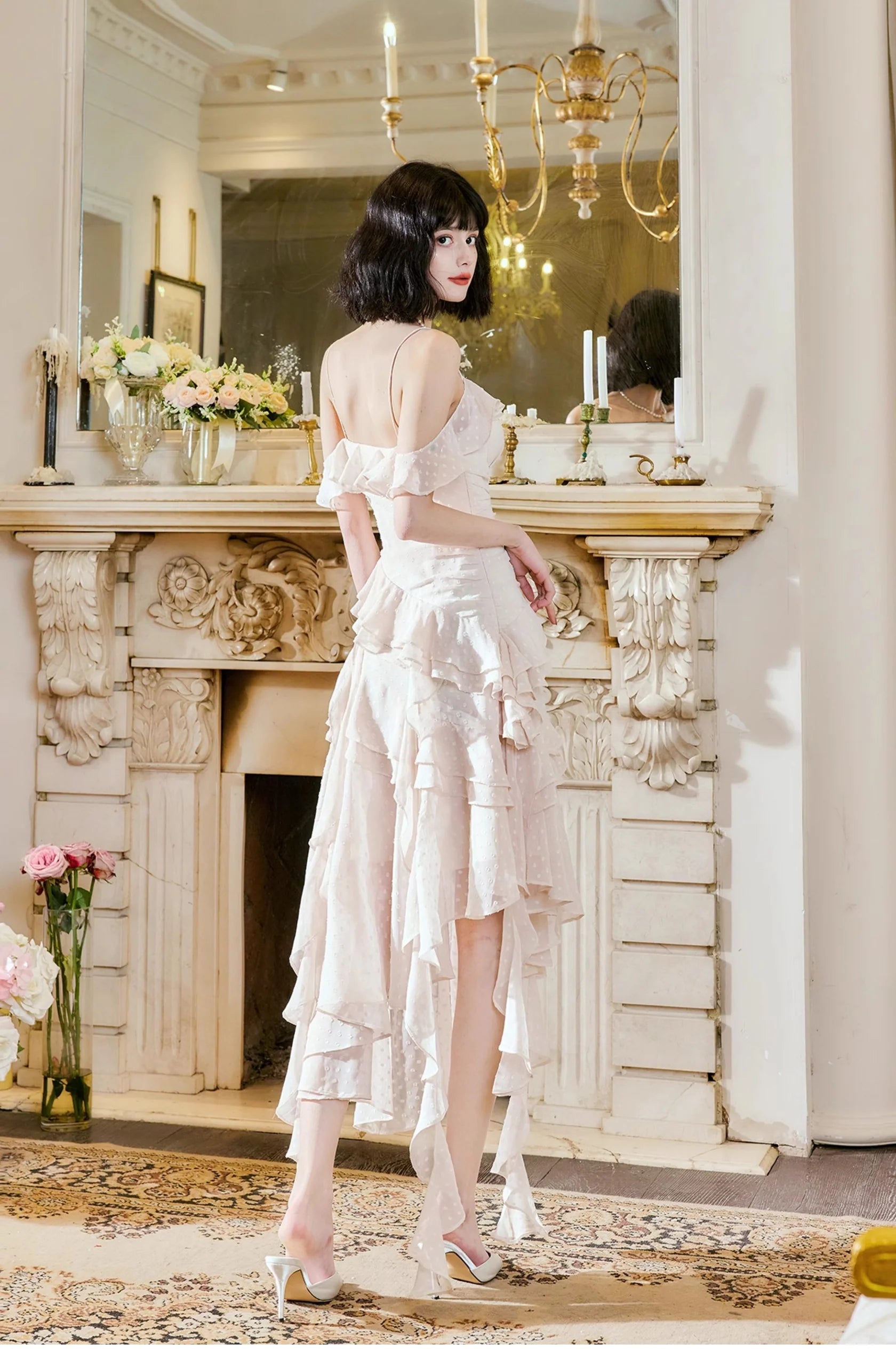 Glam Light Apricot Spaghetti Straps Chiffon Polka Dots Ruffles A-line Party Dress