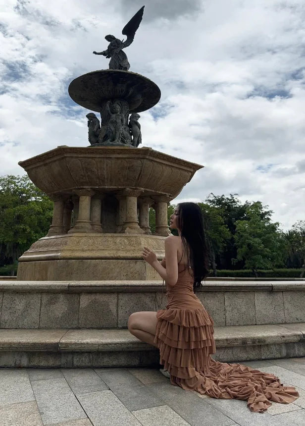 Sexy A Line Sweetheart Neck Tiered Brown Tulle Prom Dress Evening Dress with Slit