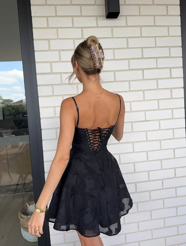 Cute A Line Spaghetti Strap Printed Floral Black Tulle Short Homecoming Dress Outfits