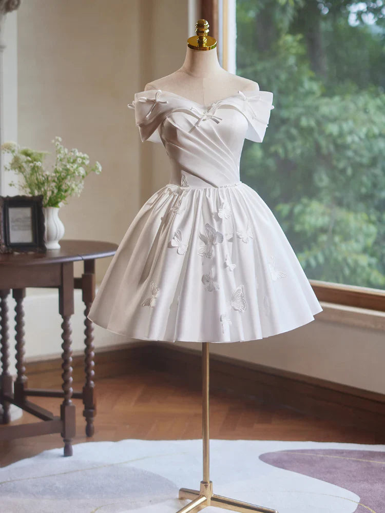 A-Line Off Shoulder Satin White Short Prom Dress, Off Shoulder Homecoming Dress