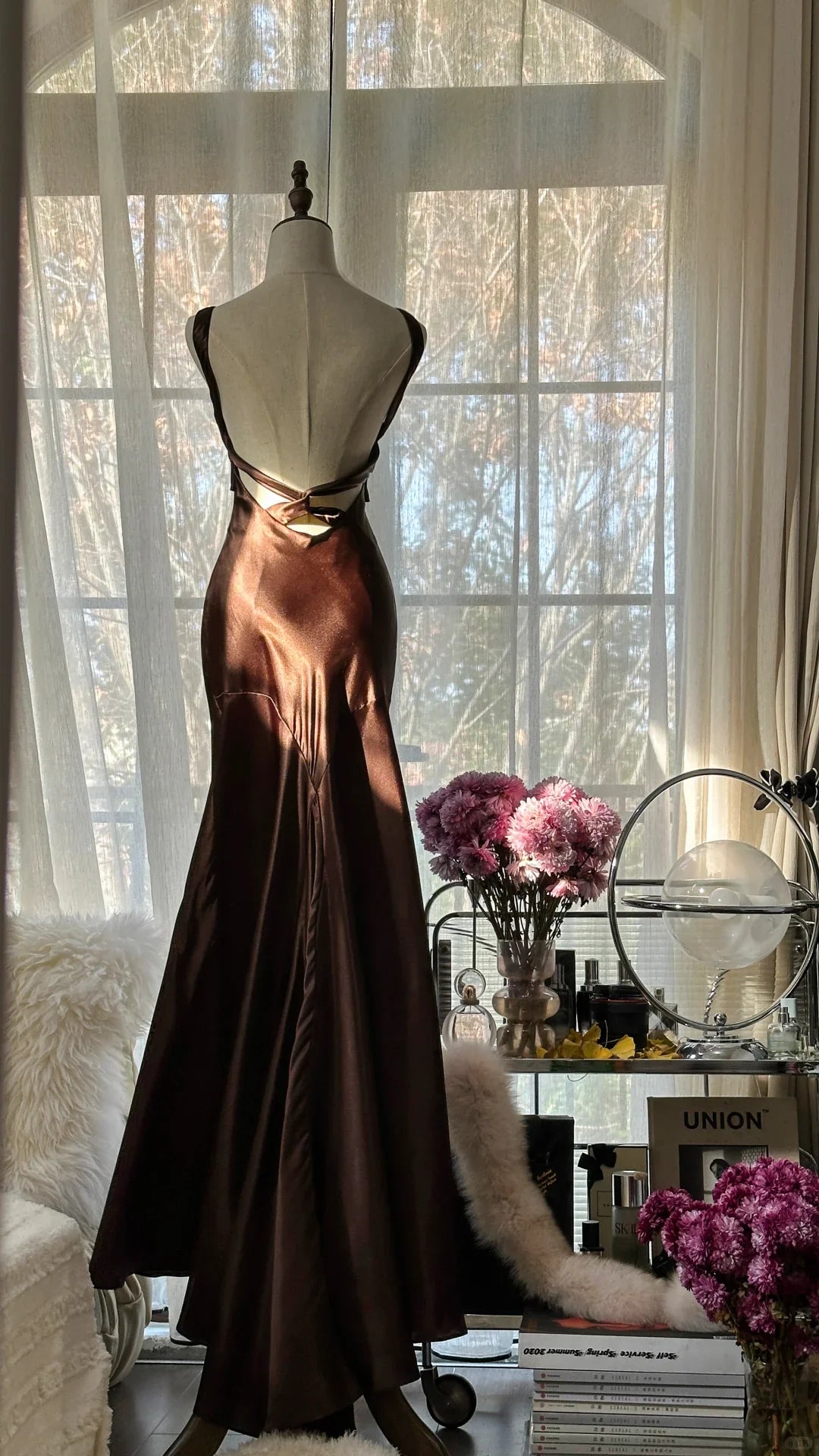 Sexy Mermaid Halter Brown Satin Long Open Back Party Dress Evening Dress