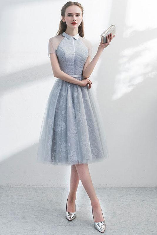 Cute Short Prom Dress with Lace A Line Short Sleeves Tulle Homecoming Dress with Lace