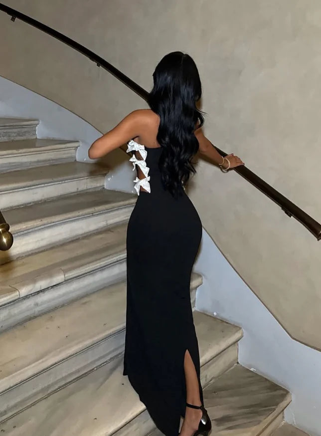 Elegant Mermaid Strapless Black Satin Long Prom Dress Evening Dress with Slit