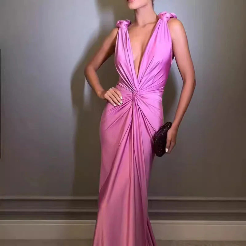 Full of charm Deep V Sleeveless Backless Solid Color Prom Dress