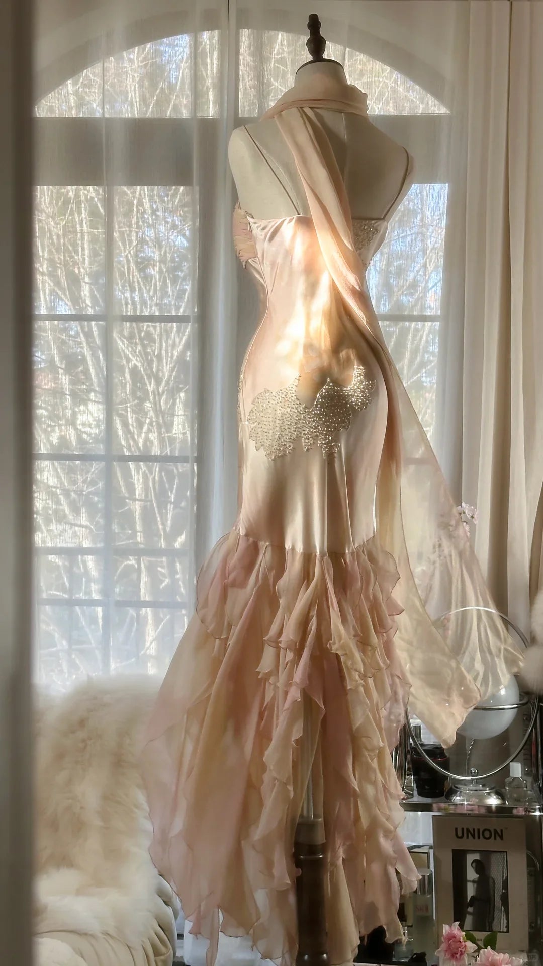 Fairy Mermaid Spaghetti Strap Beaded Ruffle Chiffon Long Prom Dress