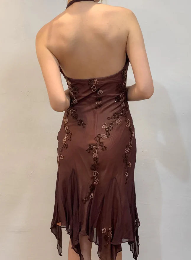 Vintage Sheath Halter Beaded Short Homecoming Dress Brown Chiffon Evening Dress