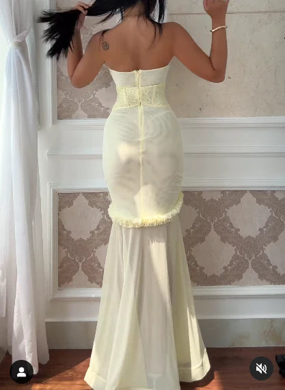 Chiffon Mermaid Evening Dress Sexy Yellow Chic Strapless Party Dress