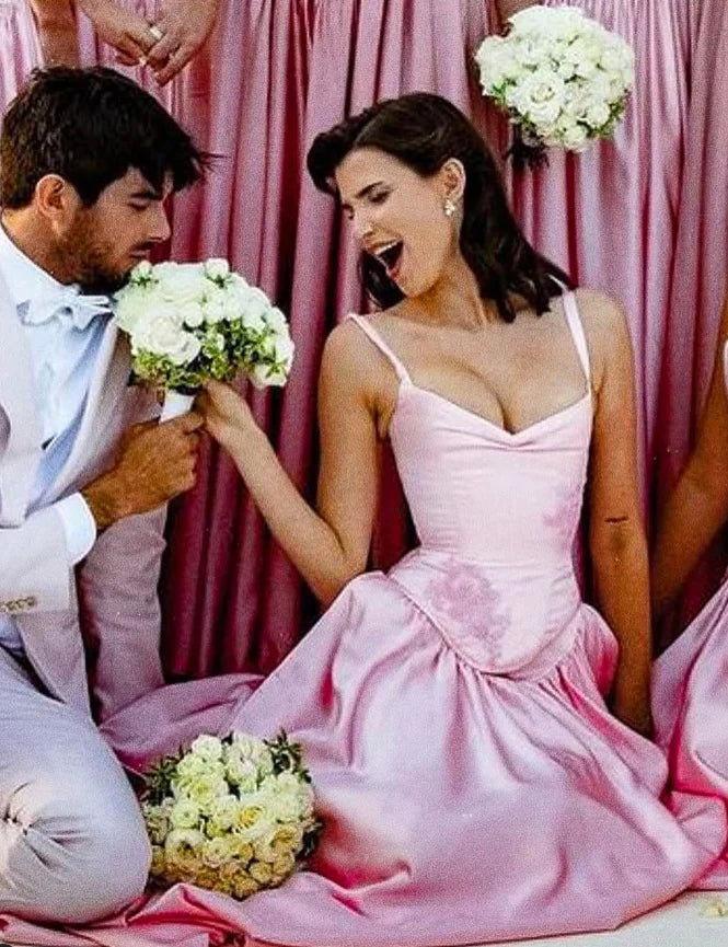 Pink A Line Spaghetti Straps Appliques Satin Long Prom Dress Evening Dress