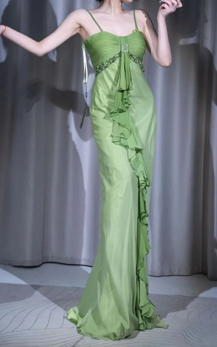 Unique Mermaid Spaghetti Strap Beaded Ruffle Green Satin Chiffon Party Dress