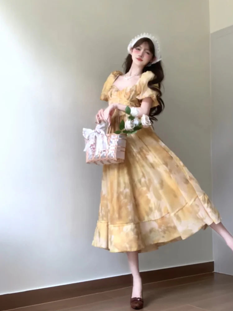 A line Square Neckline Yellow Holiday Dress Floral Birthday Dresses Sexy French Birthday Outfits