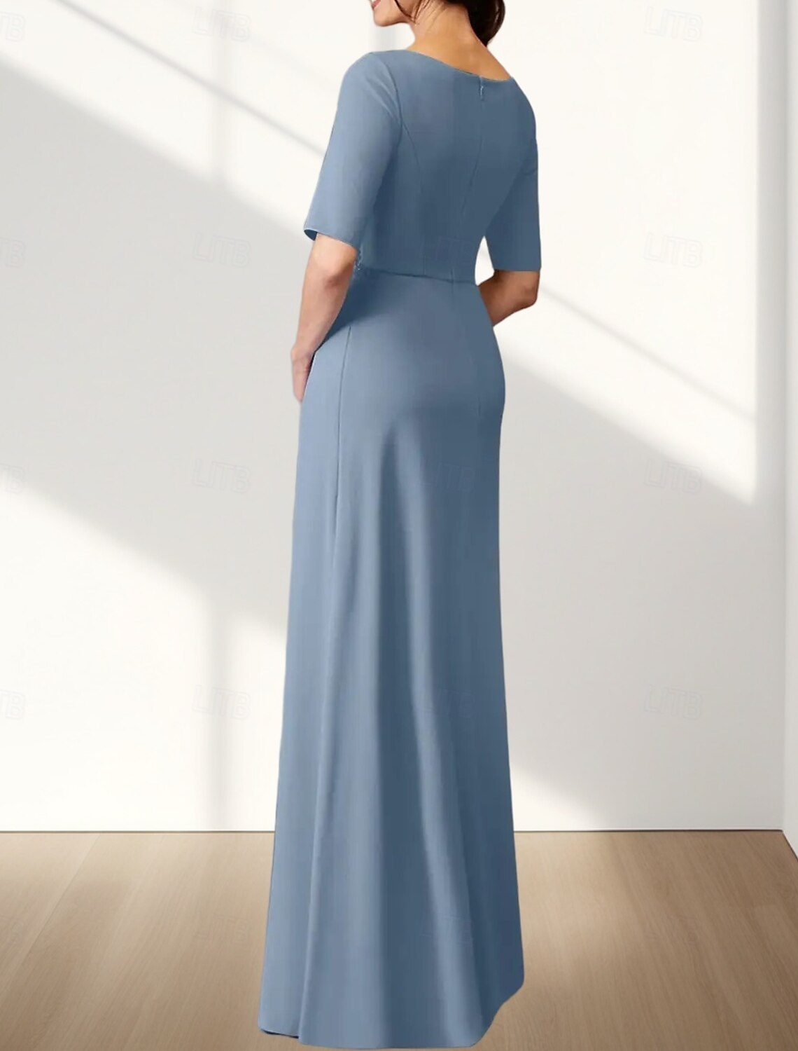 A-Line Mother of the Bride Dress Wedding Guest Elegant Crew Neck Floor Length Chiffon Stretch Fabric Half Sleeve with Appliques Ruching