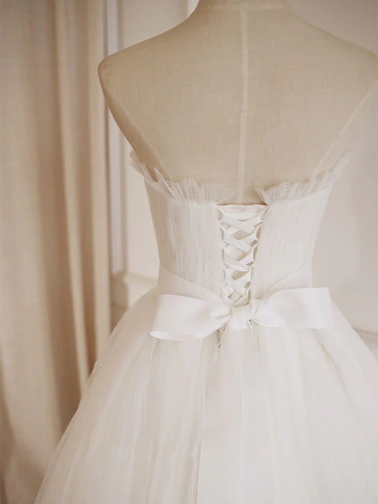 Simple Lace Tea Length White Prom Dress, Tulle Retract Your Waist Bridesmaid Dress