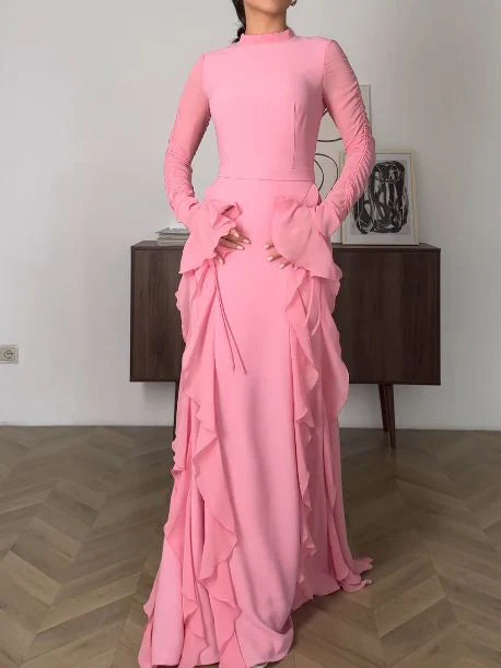 Pink Long Sleeves Ruffle Chiffon Women's Casual Dress Long Party Prom Dress