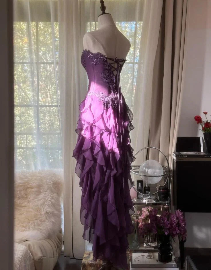 Strapless Appliques Tiered Chiffon Long Prom Dress Purple Sheath Evening Dress