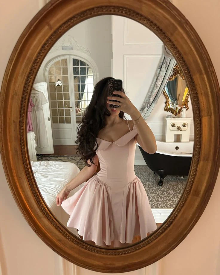 A Line Satin Pink Sleeveless Off Shoulder Exquisite tailoring Short Homecoming Dress