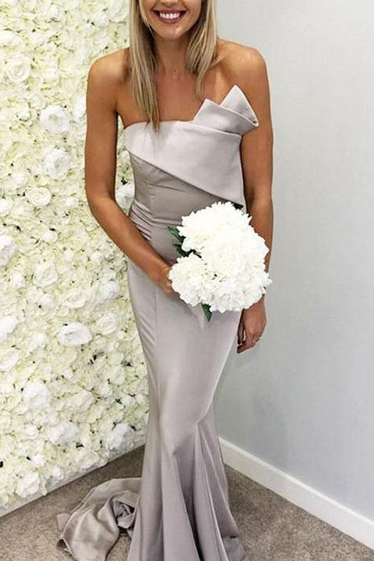 Full of charm Strapless Mermaid Trumpet Sleeveless Bridesmaid Dress with Sweep Train