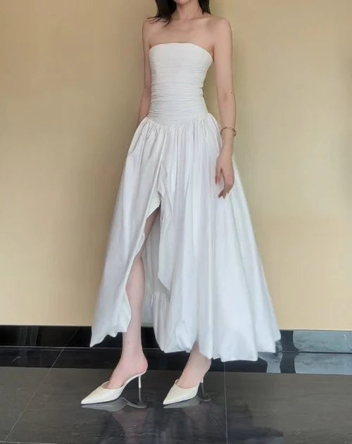 Strapless Satin Pleated A-Line Bridesmaid Dresses Elegant Backless Fashion White Evening Dresses with Slit