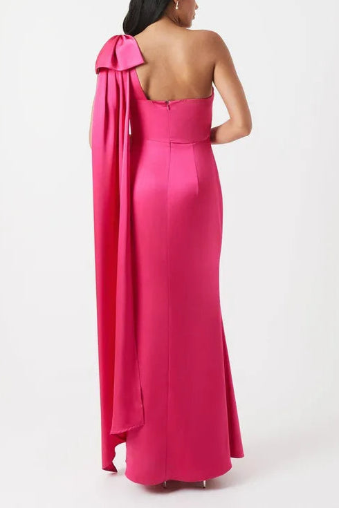 Bow And Drape Detail One Shoulder Satin Unique design Bridesmaid Dress