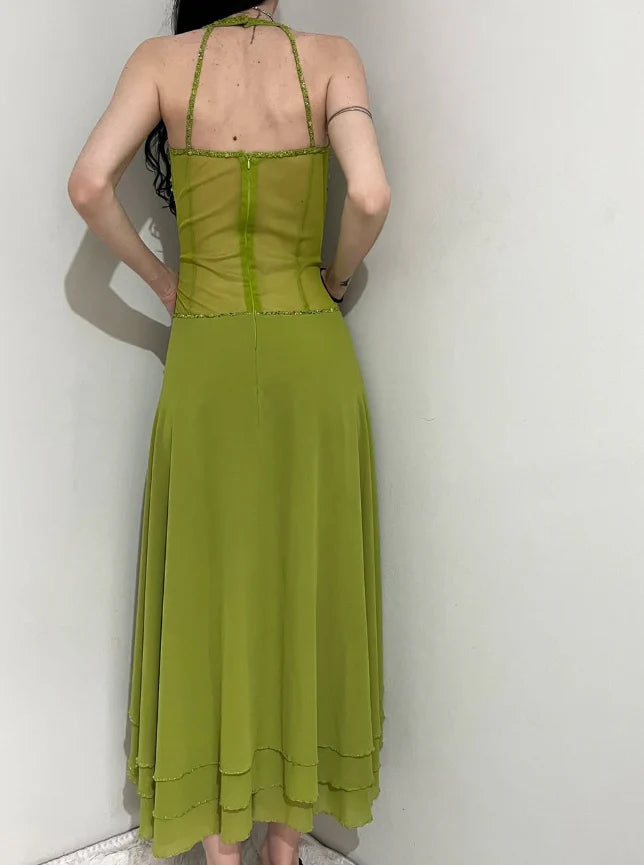 Green Vintage A Line V Neck Beaded Sequin Chiffon Prom Dress