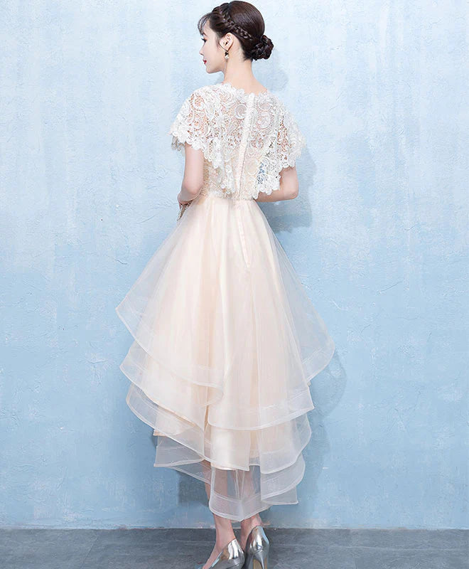 Champagne Tulle Lace Short Prom Dress, Retract Your Waist Homecoming Dress