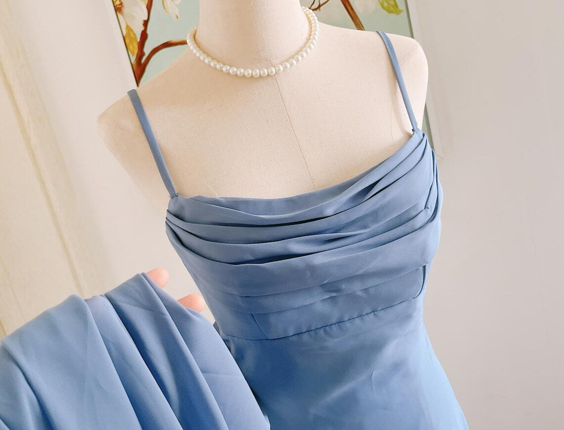 blue chiffon vintage prom dress simple bridesmaid dresses Classic fit party gown