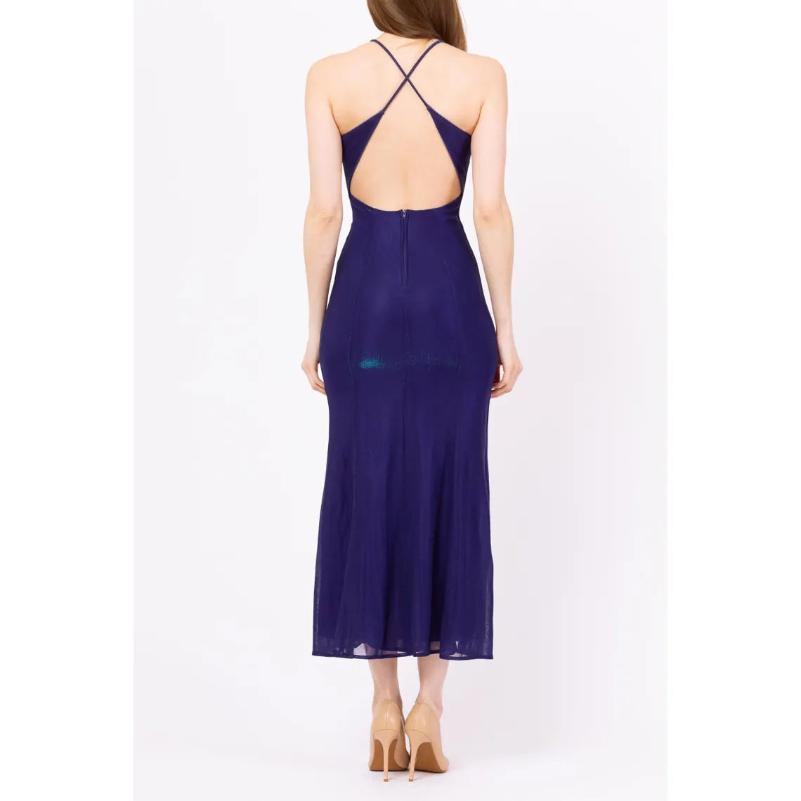 Y2K Prom Dress Vintage 90s Royal Purple Iridescent Backless Gown - XS to Small Cross Open Back Slinky Formal Maxi Dress