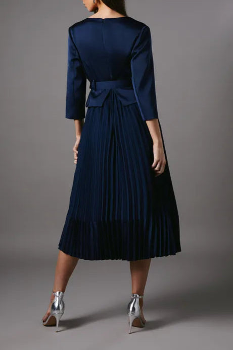 Satin Bodice ¾ Sleeve Pleat Skirt Belted Midi Mother Of The Bride Outfits Dress