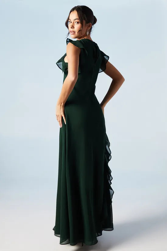 Ruffle And Button Detail Elegant and gentle Bridesmaids Maxi Dress