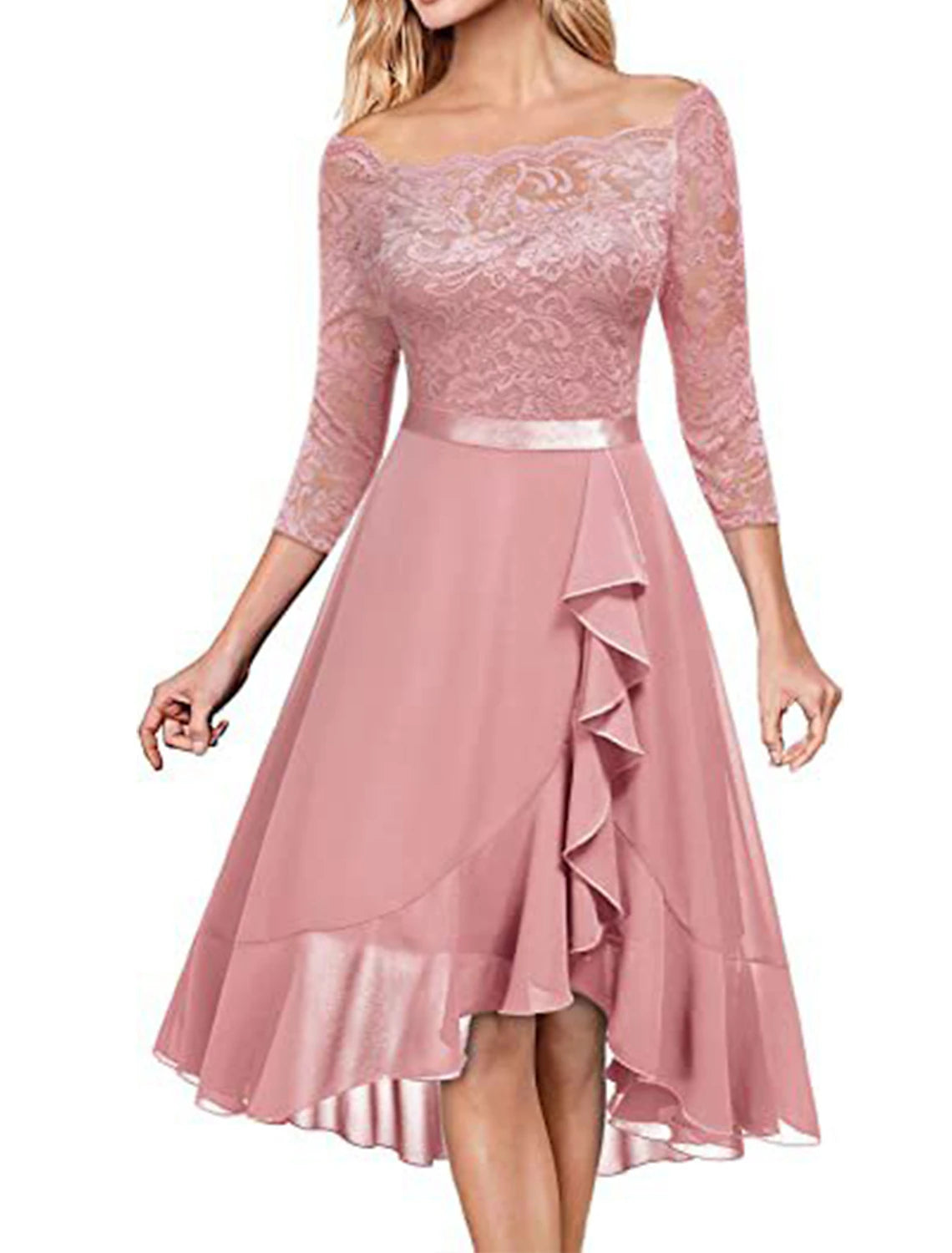 Women's Crew Neck Fashion Party DressBlue Half Sleeve Pure Color Lace Dress