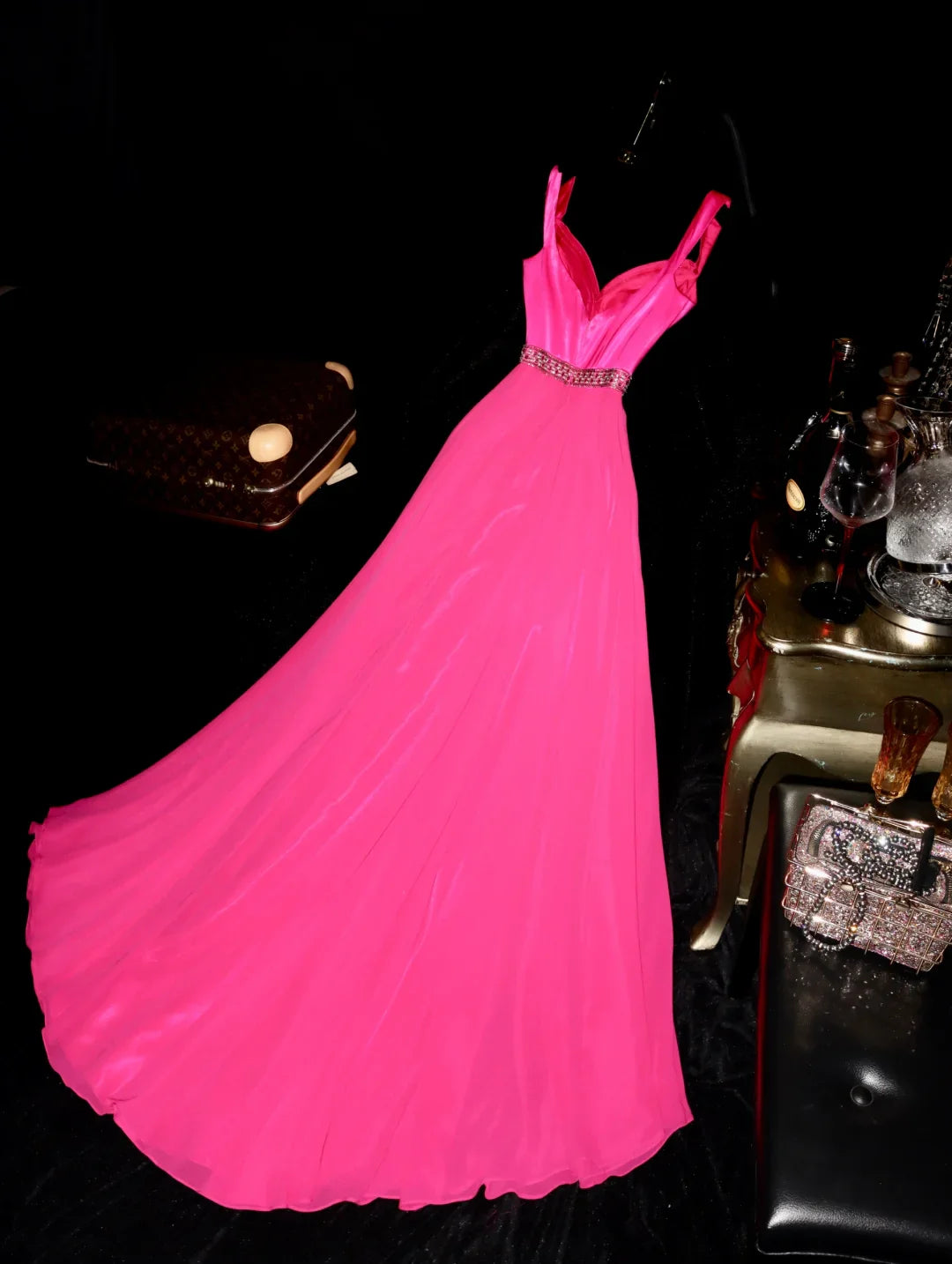 Charming A Line Spaghetti Strap Pink Beaded Satin Chiffon Long Party Dress