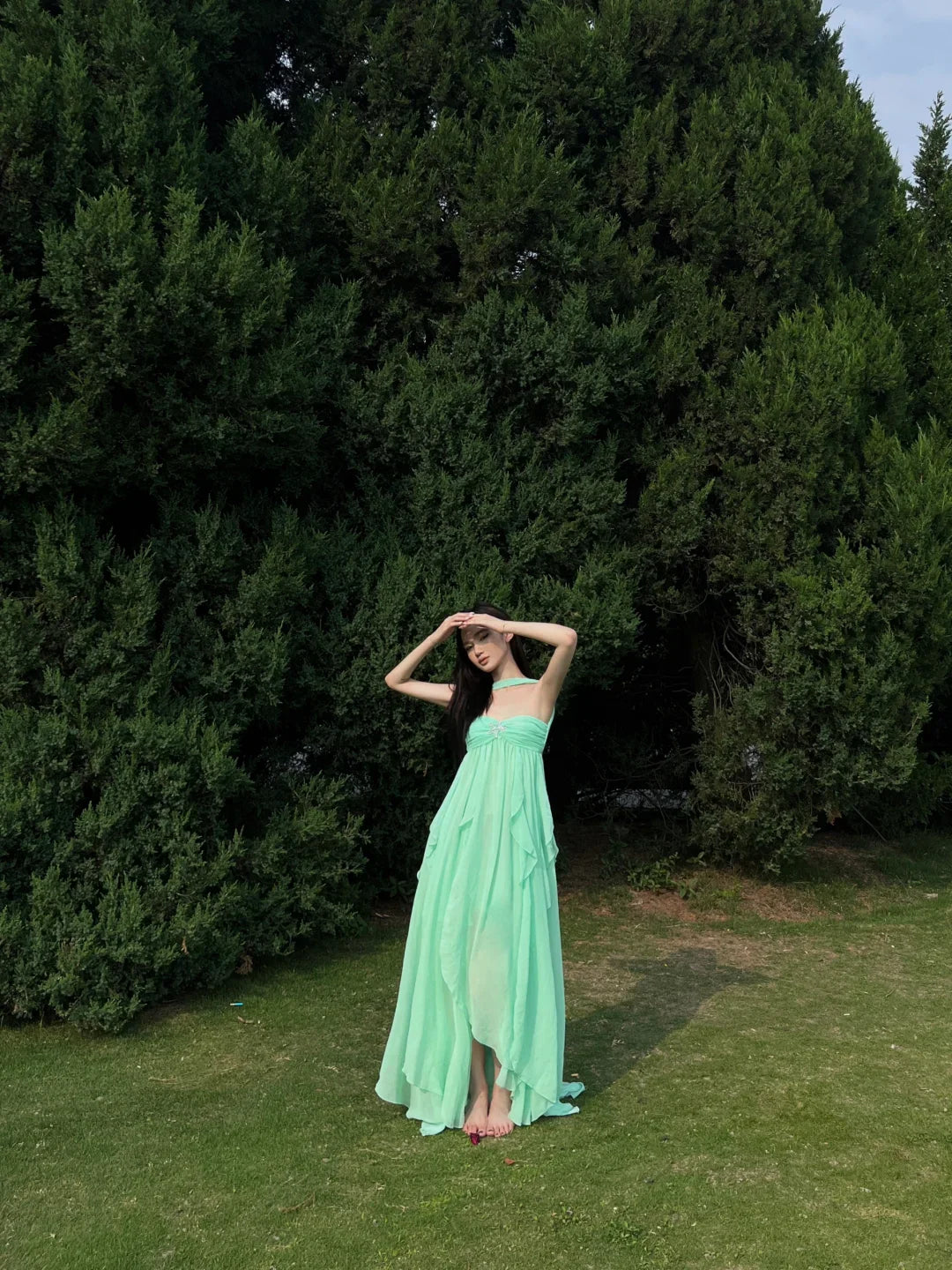 Romantic A Line Ruffle Green Chiffon Party Dress Sweetheart Neck Birthday Dress
