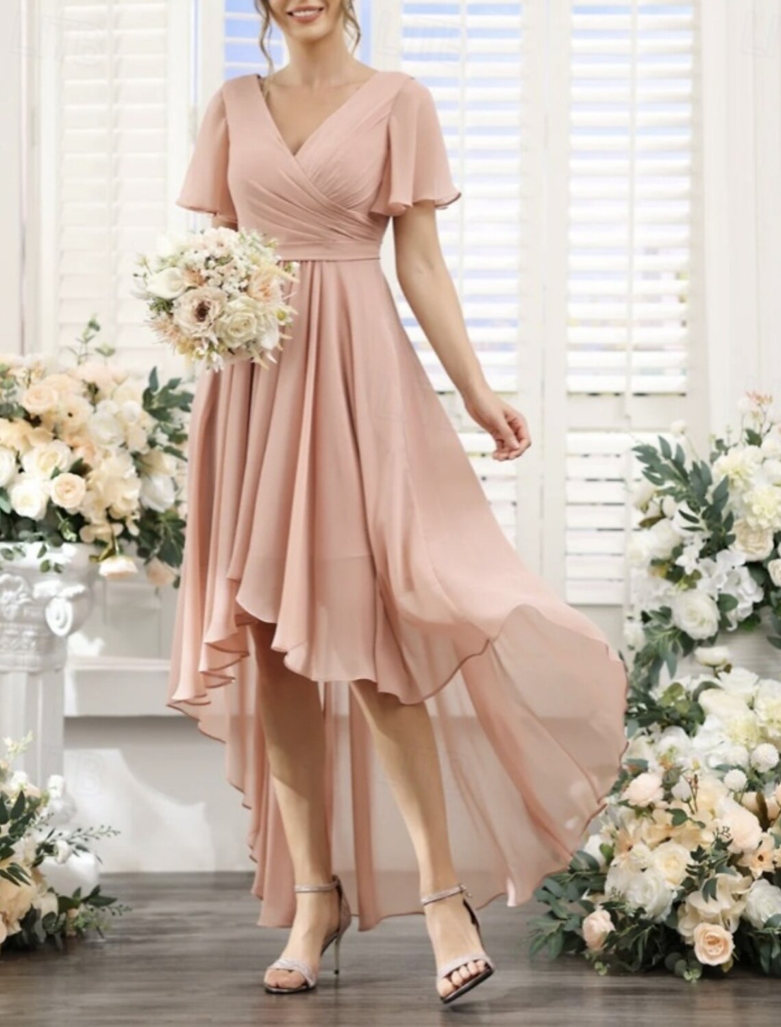 A-Line Bridesmaid Dress V Neck Short Sleeve Elegant Asymmetrical Chiffon with Ruching