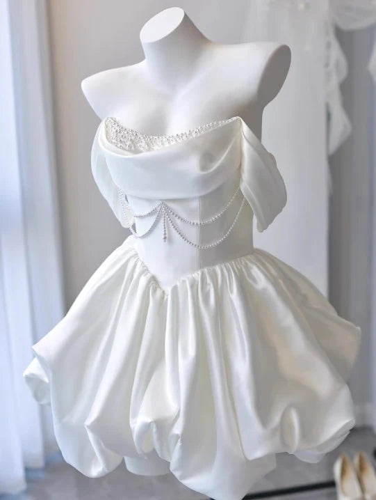 Simple White Off-the-shoulder A-Line Satin Short Prom Dresses Homecoming Dress with Pearls