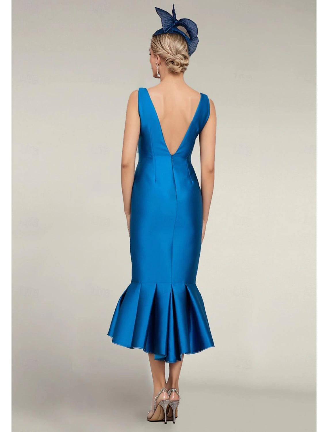 Two Piece Mermaid Mother of the Bride Dress Formal Wedding Guest Elegant Jewel Neck Tea Length Satin Half Sleeve with Buttons Derby Dress Race Day Dress