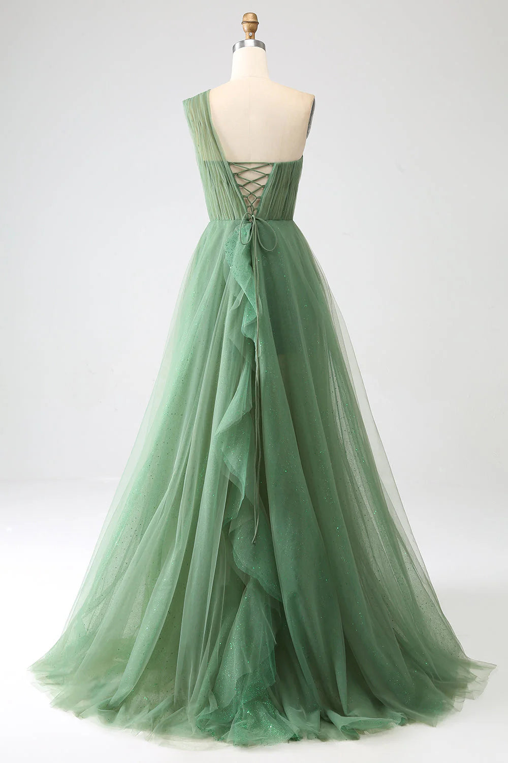 Dark Green Tulle A-Line One-Shoulder Long Prom Dress With Slit