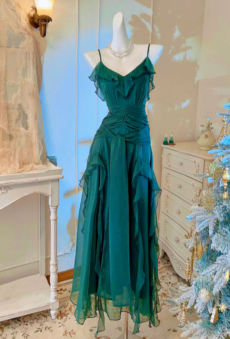 Vintage Green A-Line Long Prom Dress V-Neck Layered Spaghetti Strap Chiffon Evening Gown