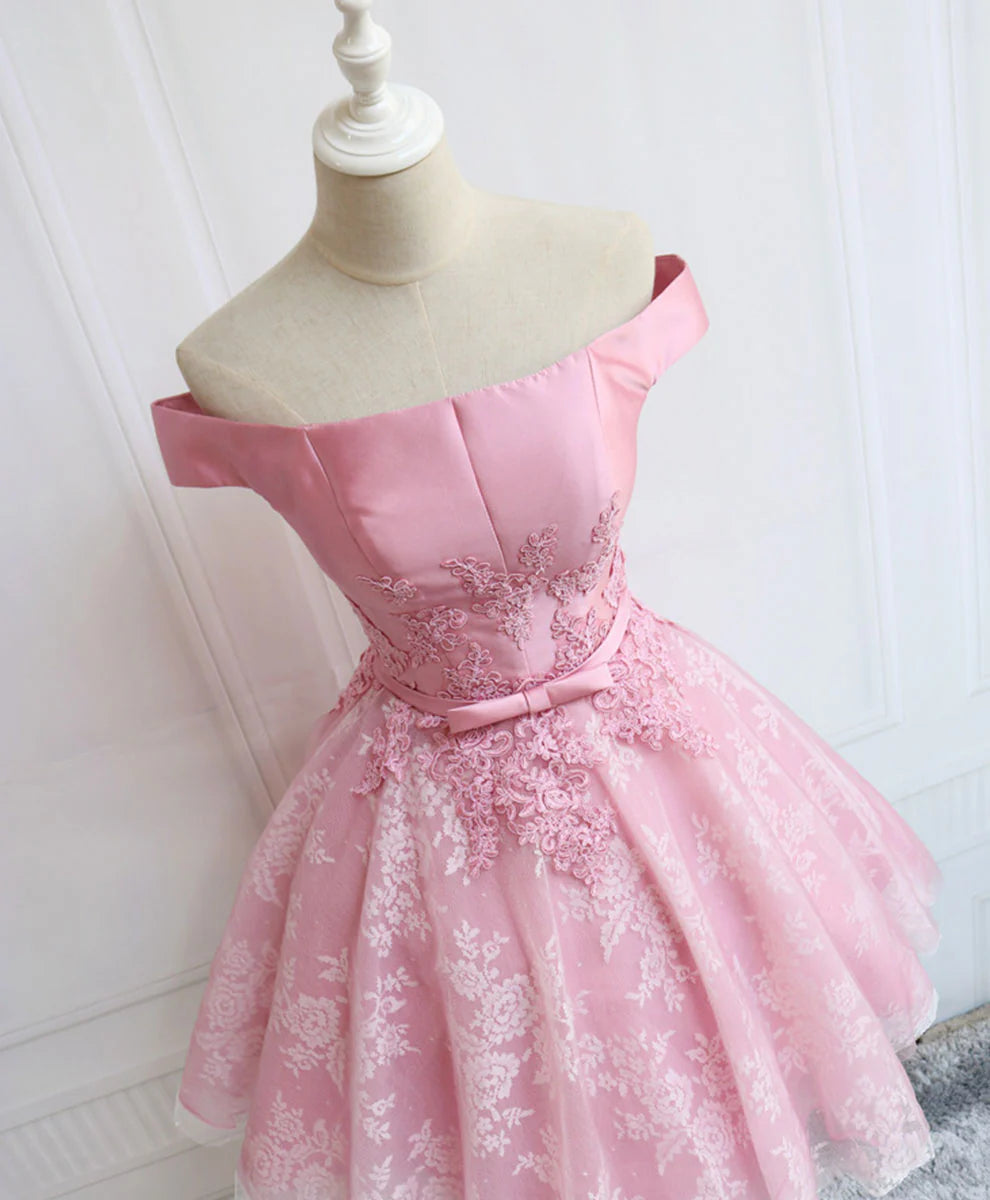 Tulle Of Shoulder Lace Short Pink Prom Dress Unique design Homecoming Dress