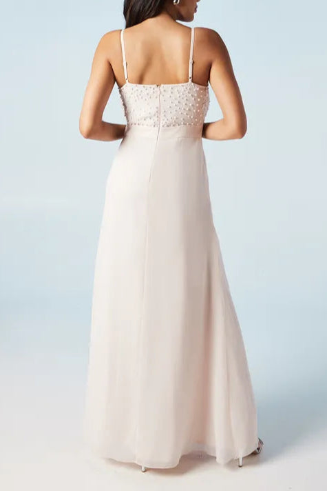 Pearl Embellished Strappy Unique design Spaghetti strap Sleeveless Bridesmaids Dress