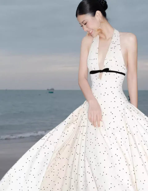 Retro A Line Halter Polka Dot Satin Open Back Prom Dress