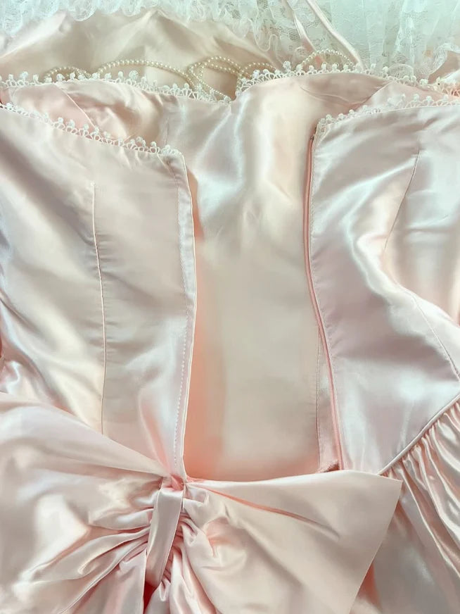 Neck Pearls Lace Light Pink Satin Birthday Dress Vintage Sweetheart Wedding Dress