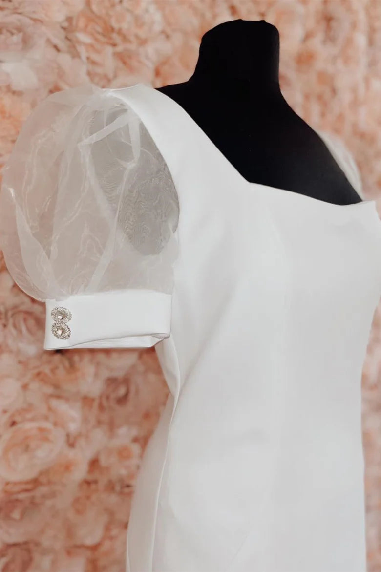 Neon Pink Square Neck Slim-fit Bodycon Party Dress with Sheer Sleeves