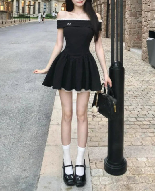 French unique design style black off-shoulder retract your waist party dress