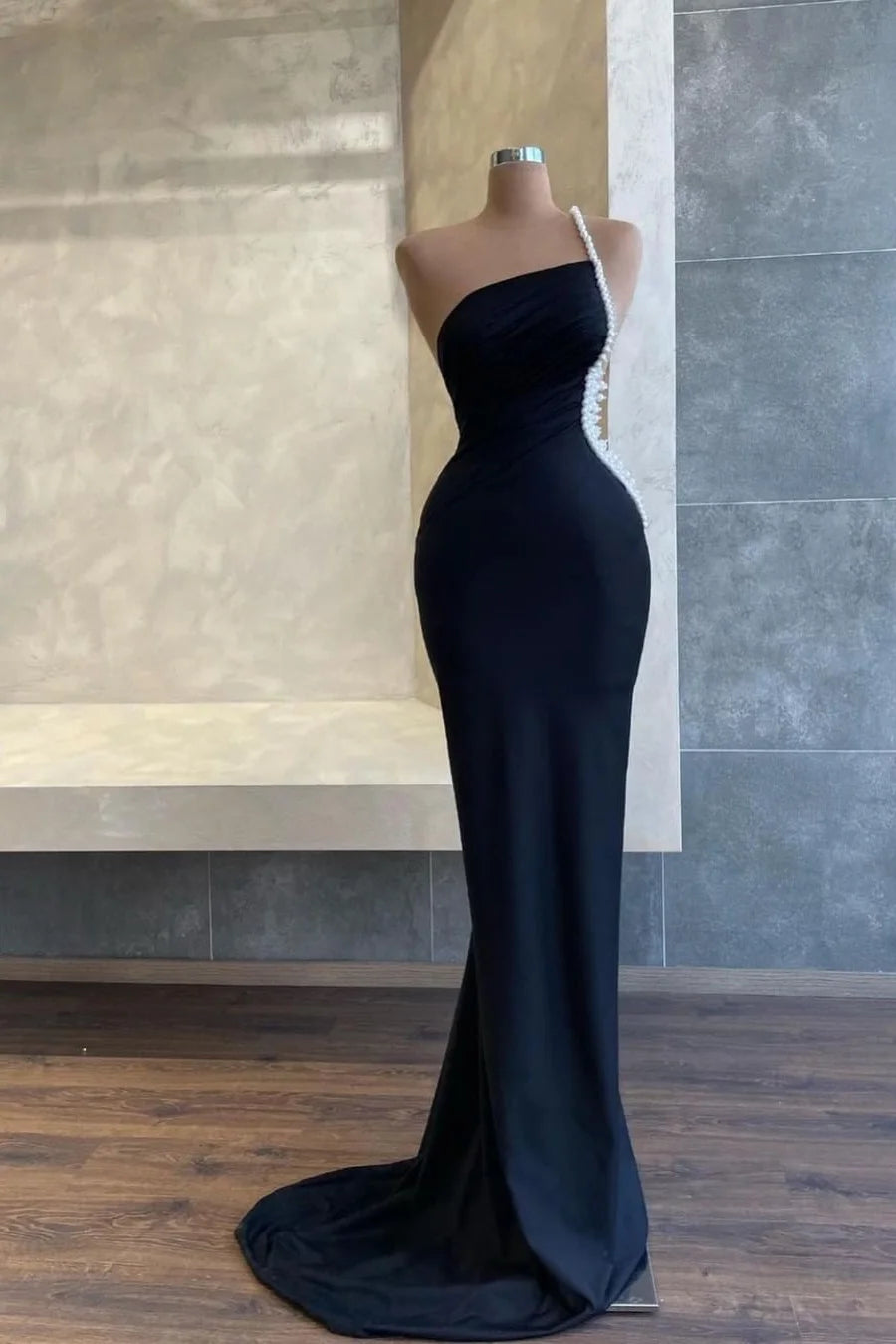 Unique design Black One Shoulder Pearl Beadings Mermaid Long Evening Dress